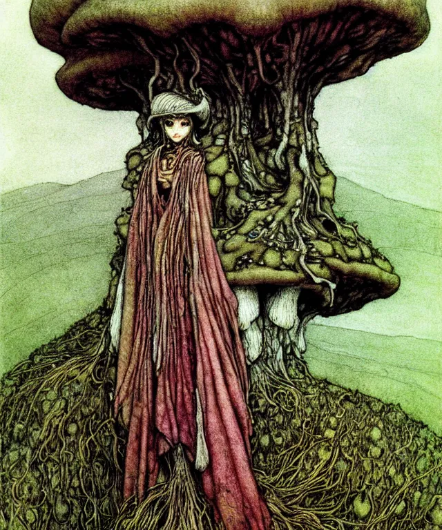 Image similar to A detailed funguswoman stands among the mushroom hills. Wearing a ripped mantle, robe. Perfect faces, extremely high details, realistic, fantasy art, solo, masterpiece, art by Arthur Rackham, Zdzisław Beksiński