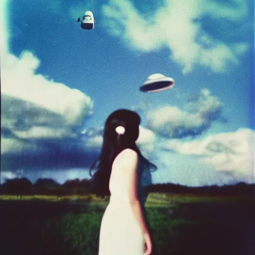 Image similar to a polaroid portrait of a beautiful young woman, detailed clouds, a ufo is visible in the sky, heavy film grain, color bleed