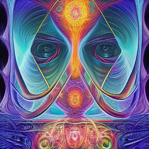 Prompt: black void surrounding visions of the future by alex grey, award - winning, digital painting, hyperdetailed, cosmic