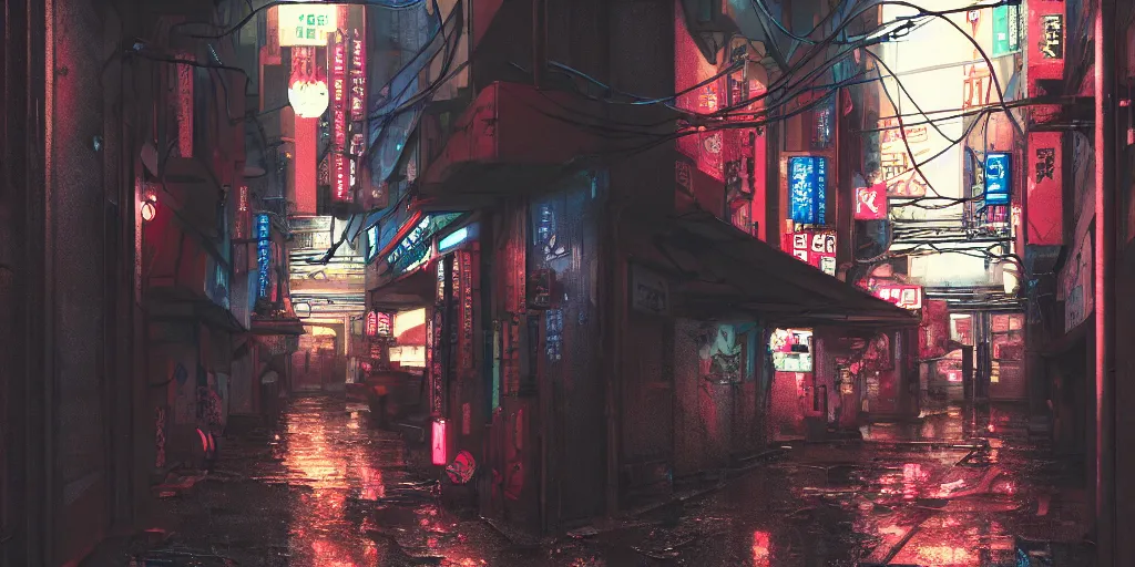 Image similar to Cyberpunk back alley with minimal number of neon lighting on a rainy day in Japan, low angle view, detailed matte painting, cinematic, Moebius, Artstation