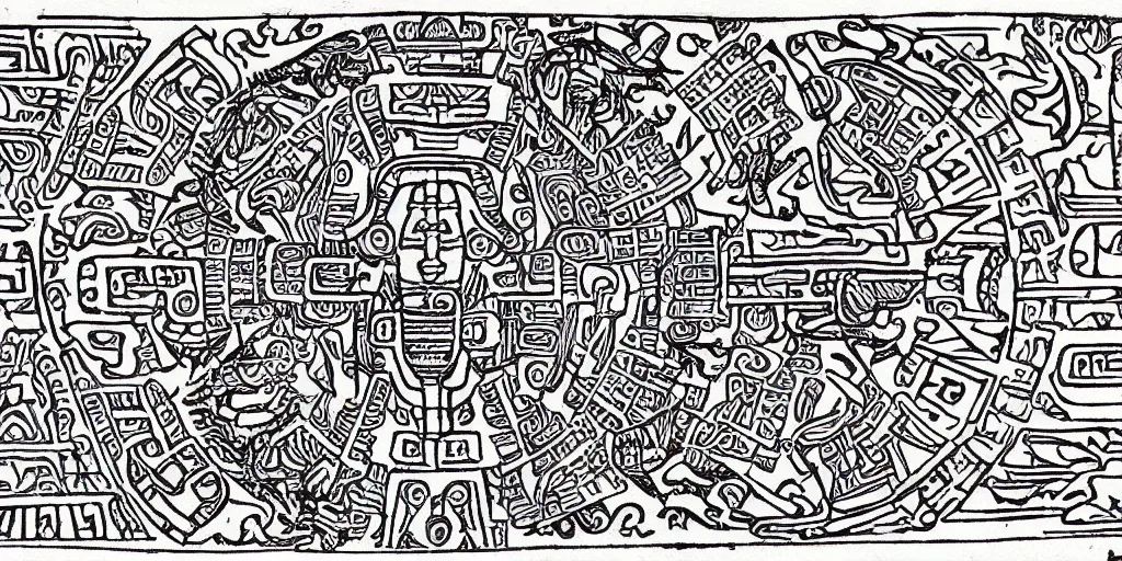 Prompt: mayan hieroglyph blueprints to a spaceship