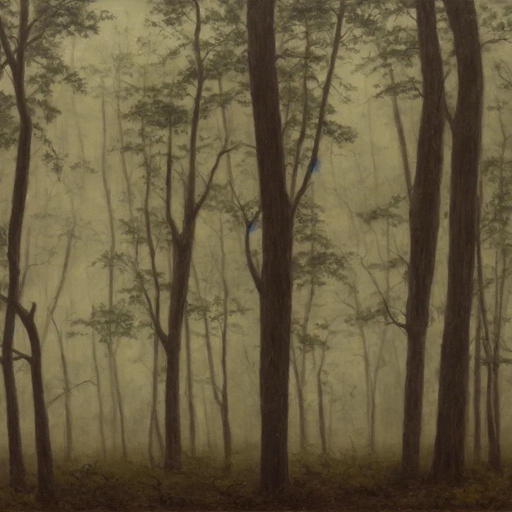 Image similar to swamp, a bit foggy, bizarre pines, dirt track, dark, hudson river school painting, naturalism