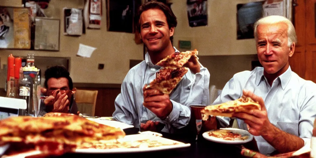 Image similar to color film of joe biden eating pizza in an italian restaurant 1 9 9 4 im the film of good will hunting, grinning, close up, high quality ultra realistic detailed