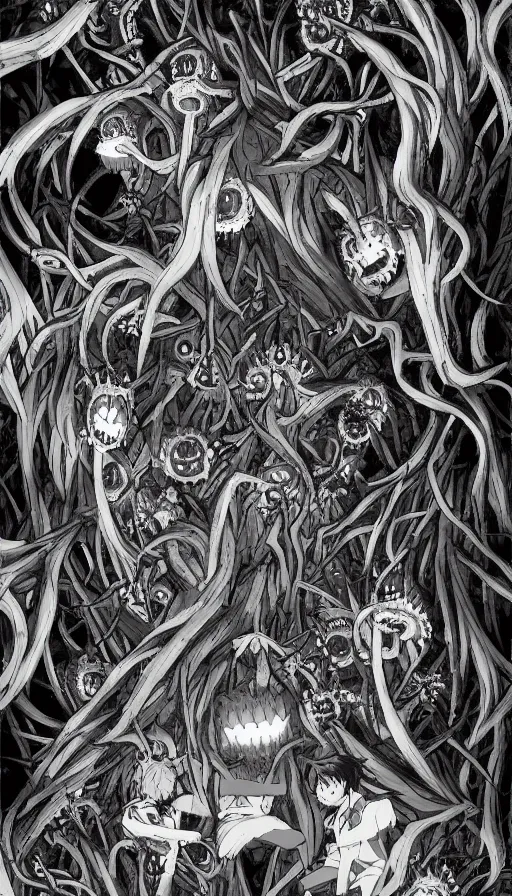 Prompt: a storm vortex made of many demonic eyes and teeth over a forest, by wit studio