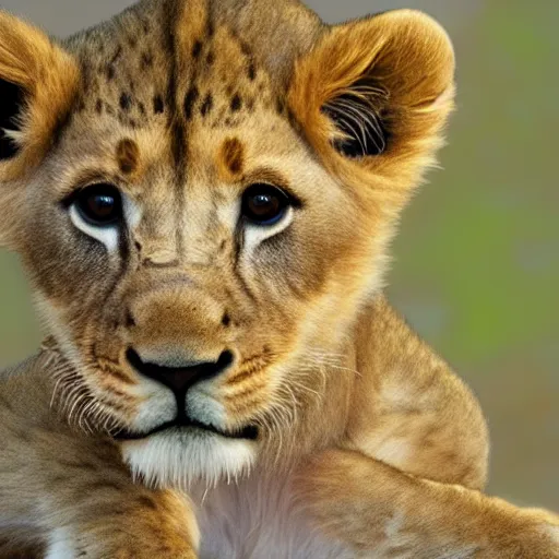 Image similar to Photorealistic photograph of a lion cub by Suzi Eszterhas, photorealism, photorealistic, realism, real, highly detailed, ultra detailed, detailed, 70–200mm f/2.8L Canon EF IS lens, Canon EOS-1D Mark II, Wildlife Photographer of the Year, Pulitzer Prize for Photography, 8k, expo-sure 1/800 sec at f/8, ISO 400