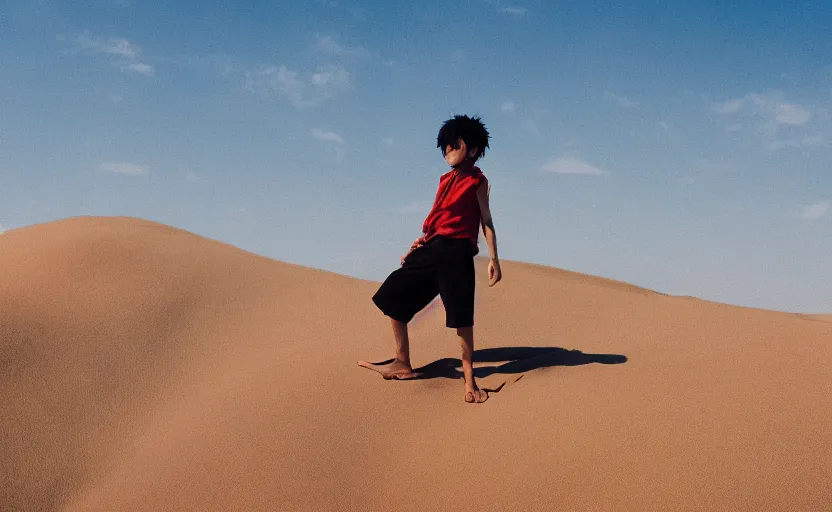 Prompt: a luffy in sand dunes, photography