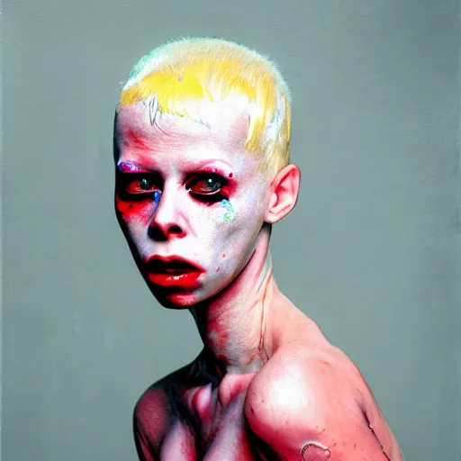 Image similar to realistic expired kodak film portrait of female albino yolandi visser, hyperrealism, hypermaximalism, photorealistic, detailed, atmospheric, 8 k, award winning photography, cinematic