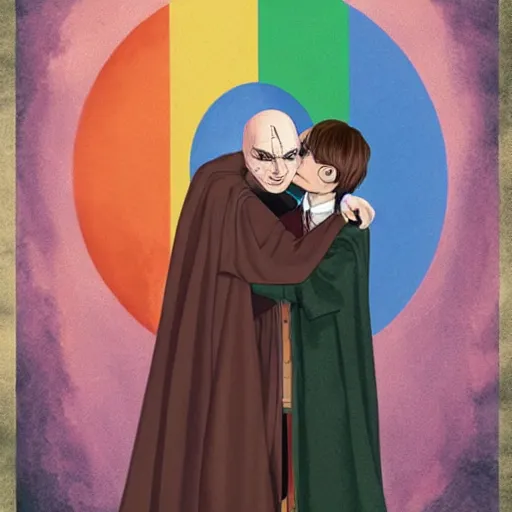 Image similar to harry potter hugging voldemort, pride flag in background, full picture, art by normal rockwell