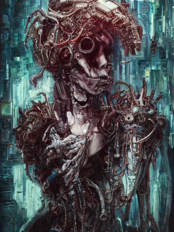 Image similar to portrait art of 8k ultra realistic undead eldritch horror ghost in the shell , detailed intricate ornate armour,decaying, cybernetic, full of colour, cinematic lighting, battered, trending on artstation, 4k, hyperrealistic, focused, extreme details,unreal engine 5, cinematic, masterpiece, art by ayami kojima, giger