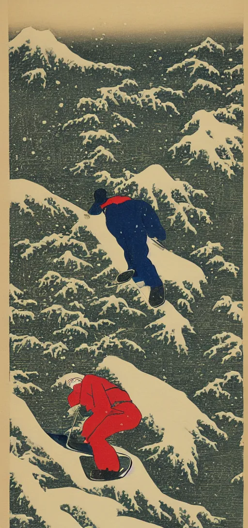 Prompt: man snowboarding leaving tracks woodblock print, style of hokusai, fine art, style of kanagawa, winter painting