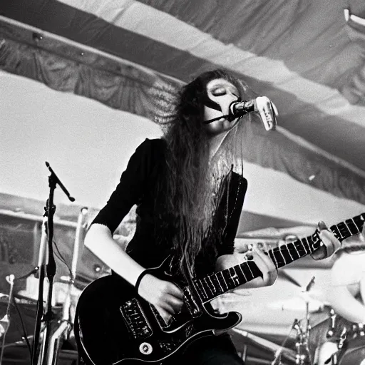 Image similar to 1 9 - year - old girl in a traditional doom metal band, live in concert, live 1 9 8 6, united kingdom flags, playing electric guitar, headbanging slowly, crowd of longhairs, super 8 mm