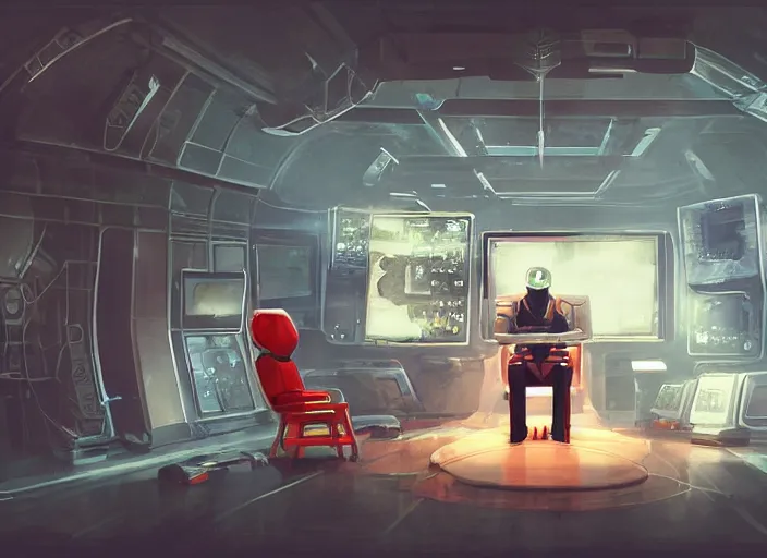 Image similar to a man sitting on a chair with things attached to his head, screens and monitors in front of him playing videos, ship interior, narrow hallway, scifi, dramatic lighting, concept art, surreal, by rutkowski