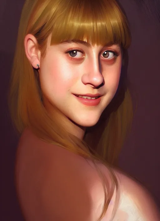 Image similar to portrait of teenage lili reinhart with bangs, smiling kindly, bangs, 1 9 6 0 s, ponytail, bangs and ponytail, intricate, elegant, glowing lights, highly detailed, digital painting, artstation, concept art, smooth, sharp focus, illustration, art by wlop, mars ravelo and greg rutkowski