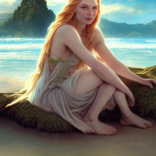 Image similar to painting of galadriel relaxing on the beach, lord of the rings, ultra realistic, concept art, intricate details, eerie, highly detailed, photorealistic, octane render, 8 k, unreal engine. art by artgerm and greg rutkowski and alphonse mucha