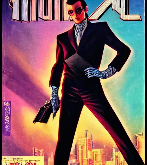 Image similar to a cyberpunk very ugly mafia boss in a suit with slicked back black hair played by emma watson as an elf, 1 9 7 9 omni magazine cover, style by vincent di fate, artgerm, very coherent, detailed, 4 k resolution, bright, unreal engine, daz