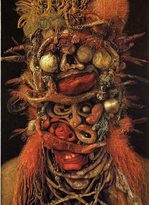 Prompt: a surreal painting of a shaman's face, by Giuseppe Arcimboldo, Dante's inferno, symbolist, soft colors, dramatic lighting, smooth, sharp focus, extremely detailed, aesthetically pleasing composition