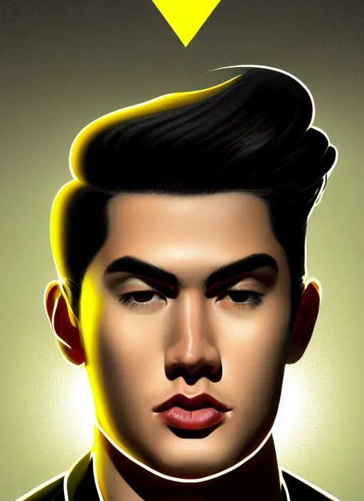 Image similar to portrait of young reggie mantle, mean smirk, egotistical, slicked back hair, striped yellow and black sweater, 1 9 5 0 s, intricate, elegant, glowing lights, highly detailed, digital painting, artstation, concept art, smooth, sharp focus, illustration, art by wlop, mars ravelo and greg rutkowski