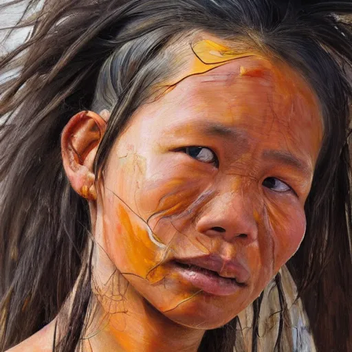 Image similar to high quality high detail painting by jenny saville, hd, a skinny beautiful kayan female tribe leader, hair in wind, photorealistic lighting