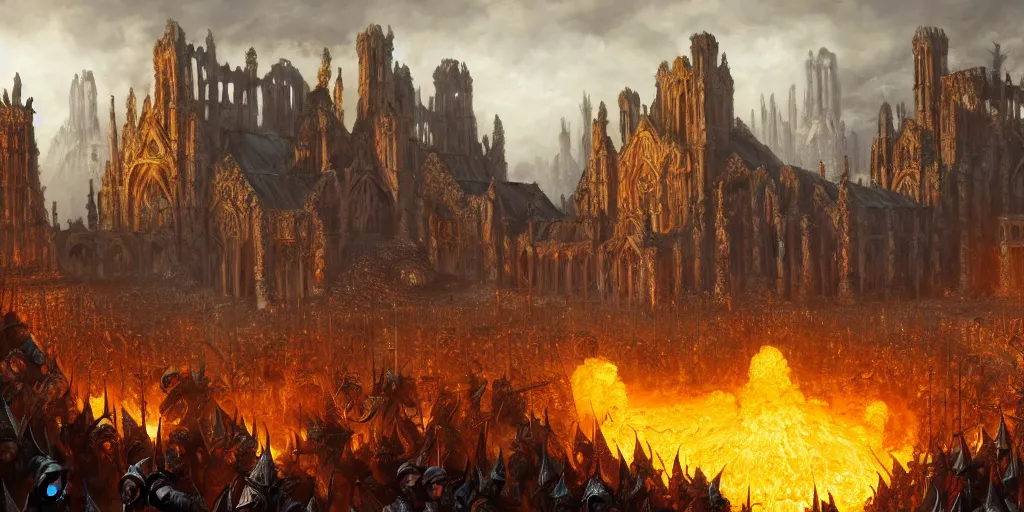 Image similar to highly detailed portrait painting of an ancient elves on hell horses war battle, abbey warhammer battle, old abbey in the background, carhedrals, giant columns, by eddie mendoza and tyler edlin, 8 k resolution