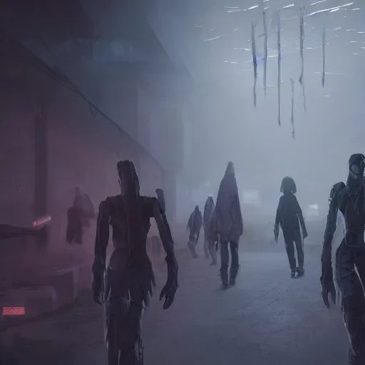 Image similar to illustration of rows of humans hanging on hooks in an ice box, rolling fog, cyberpunk, dystopian, dramatic lighting, unreal engine 5