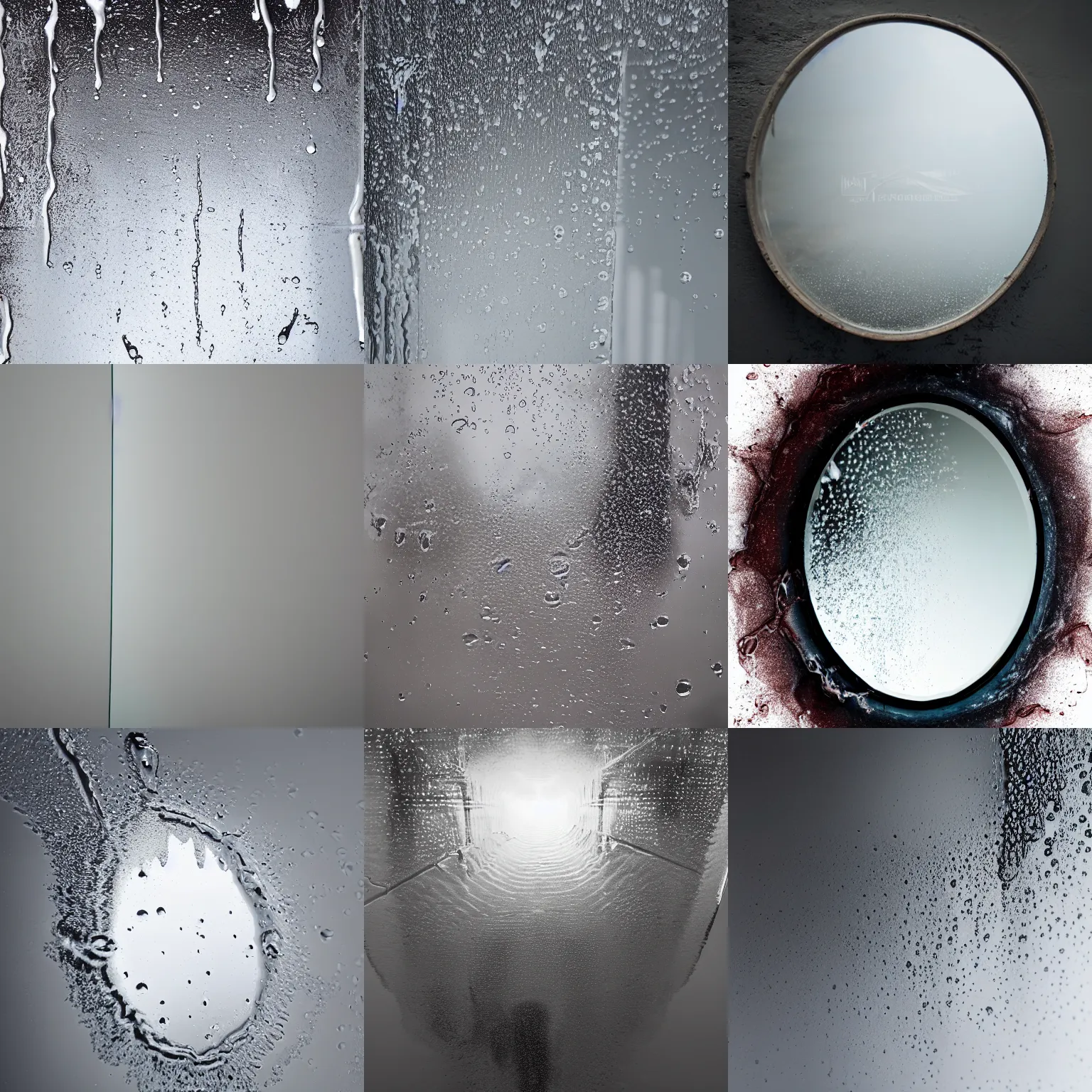 Prompt: white semitransparant viscous goo dripping down a wet foggy mirror, 4 k photograph, real