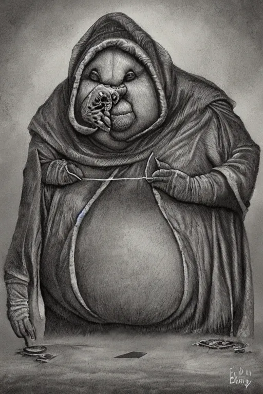 Image similar to a obese gray sniveling rat person wearing a decaying brown cloak, painting by ed binkley