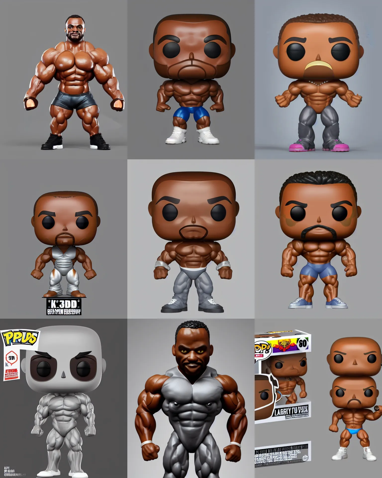 Image similar to full body 3 d render of bodybuilder larry wheels as a funko pop!, studio lighting, grey background, single body, no shadow, blender, trending on artstation, 8 k, highly detailed