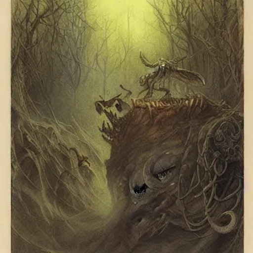 Prompt: 🦀🐟🦇🦍🔥👻, Alan Lee