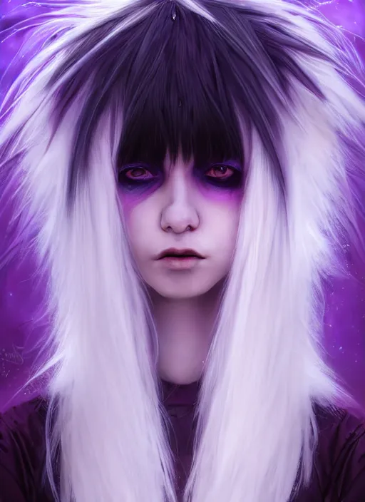 Image similar to hair whitebangs hair, white cyberlox, portrait of normal teenage girl, normal face, black bangs, messy bangs, fluffy bangs, cyberlox, whitebangs, red contact lenses, purple background, intricate, elegant, highly detailed, digital painting, artstation, concept art, sharp focus, smooth, illustration, art by wlop, mars ravelo and greg rutkowski