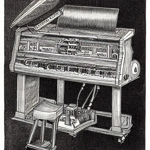 Image similar to music machine designed by di fate drawn by da vinci, detailed pen and ink illustration