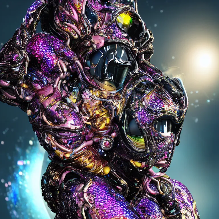 Prompt: octane render portrait by wayne barlow and carlo crivelli and glenn fabry, focus on a woman in a skintight shiny black spacesuit with intricate iridescent metal detailing, covered in bright colorful tropical alien flora in front of a giant photorealistic rocky cliff, cinema 4 d, ray traced lighting, very short depth of field, bokeh