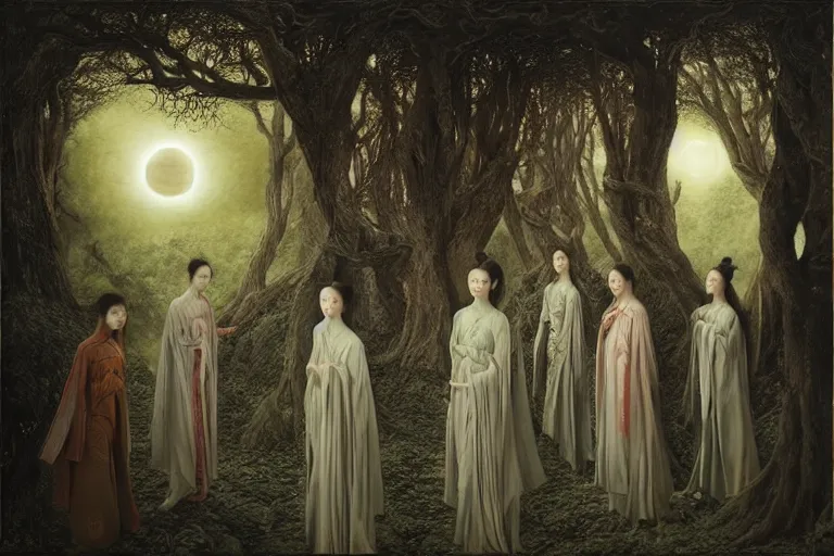 Prompt: wuxia, forest, moonlight, intricate beautiful faces, painting by agostino arrivabene, vanessa beecroft, anka zhuravleva, mary jane ansell, peter mohbacher, gerald brom