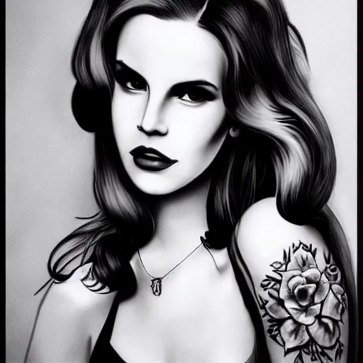 Image similar to Lana del rey tattoo design, photorealistic, dramatic