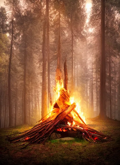 Image similar to cinematic shot epic forest, hyper realistic, mood lighting, fantasy, detailed campfire, highly detailed, super realistic, perfect lighting pixel sorting, style sheet