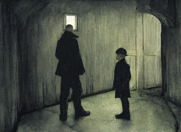 Image similar to dark alley with a poor child being questioned by a futuristic cop, painting by andrew wyeth and alan lee, very detailed, somber mood,