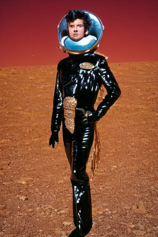 Image similar to portrait davis taylor brown dressed in 1 9 8 1 space fantasy fashion, new wave, shiny metal, standing in a desert