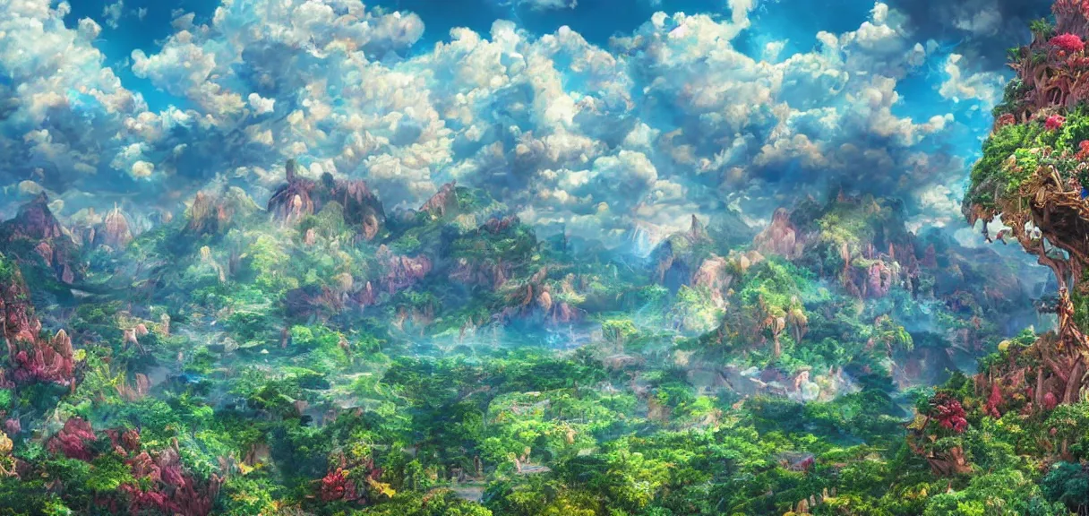 Image similar to the landscape of an unimaginable and beautiful place with all types of colorful vegetation in the clouds, beyond the physical realm, an ultrafine hyperdetailed illustration by kim jung gi, irakli nadar, intricate linework, bright colors, octopath traveler, final fantasy, unreal engine 5 highly rendered, global illumination, radiant light, detailed and intricate environment