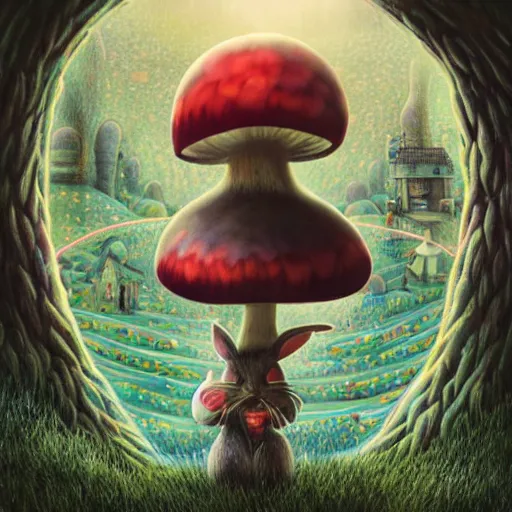 Image similar to 4 k headshot portrait of a psychedelic demonic anthropomorphic bunny rabbit with mushroom themed clothes, magic mushroom village in background. award winning. superb resolution. in the art style of junji ito and greg rutkowski. detailed mushroom city in background. hyper realistic anime. perfect art. dalle 2