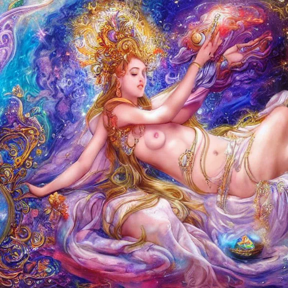 Prompt: a celestial goddess being lazy on her day off laying on a couch catching up on social media, magic realism, art by josephine wall, art by huang guangjian, art by viktoria gavrilenko, art by amanda sage, trending on artstation