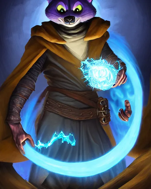 Image similar to closeup, highly detailed digital illustration portrait of hooded priest sorcerer druid necromancer sly cooper rocket the raccoon casting a magical energy sparkling swirling blue glowing spell in an ancient castle, action pose, d & d, magic the gathering, by rhads, frank frazetta, lois van baarle, jean - baptiste monge, disney, pixar,