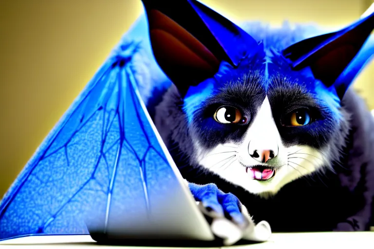 Image similar to a blue - and - black male catbat fursona with blue / green heterochromatic eyes and huge bat ears, photo of the catbat streaming on his computer