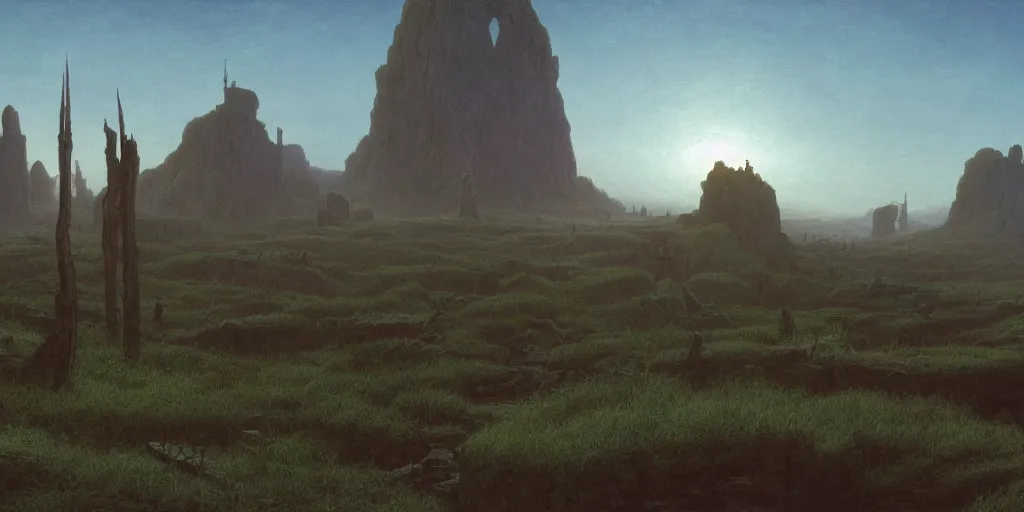 Image similar to background environment without main subject to focus on, volumetric light from nearby sources, style by caspar david friedrich and wayne barlowe and ted nasmith.