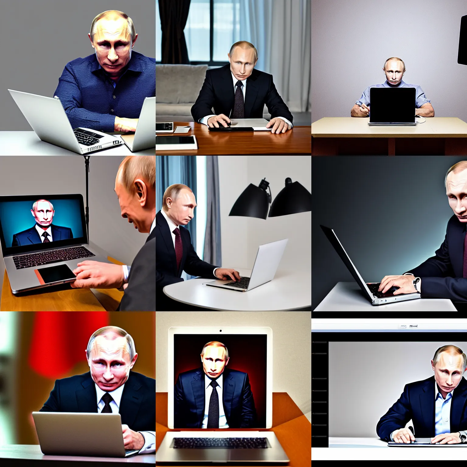 Image similar to photograph of putin using laptop, color, studio lighting