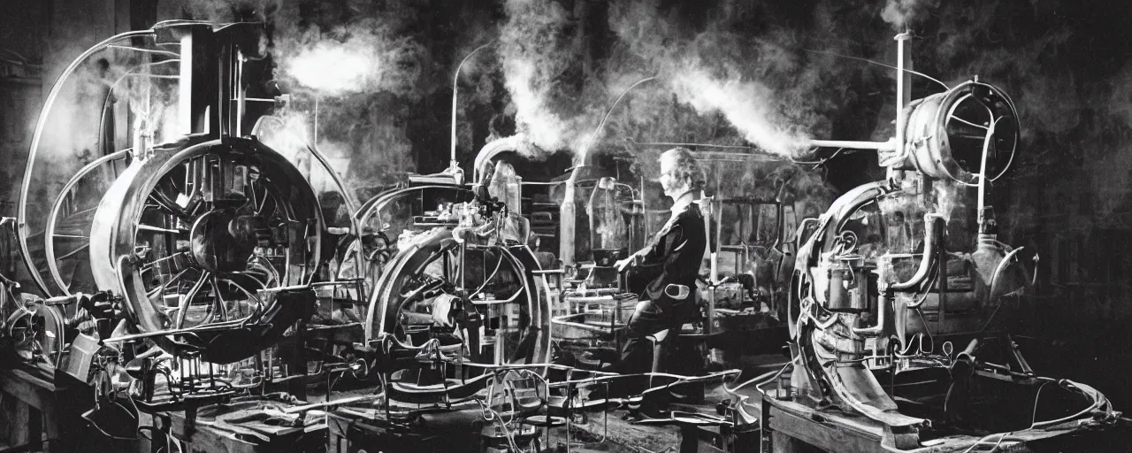 Image similar to james watt inventing the spaghetti steam engine, canon 5 0 mm, cinematic lighting, photography, retro, black and white film, kodachrome