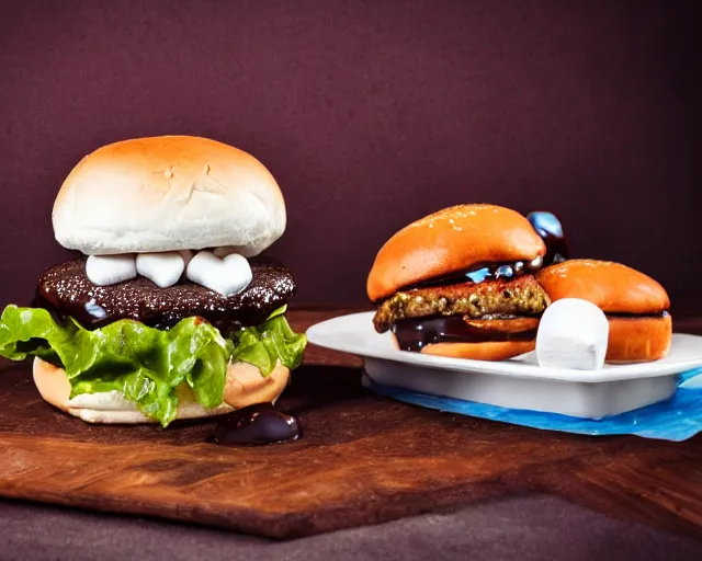 Image similar to dslr food photograph of burger with marshmallows in it, chocolate sauce, 8 5 mm f 1. 8