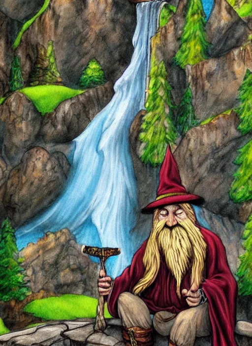 Prompt: old wise wizard sitting next to waterfall in the mountains, trending on deviantart, lord of the rings, detailed, colorful
