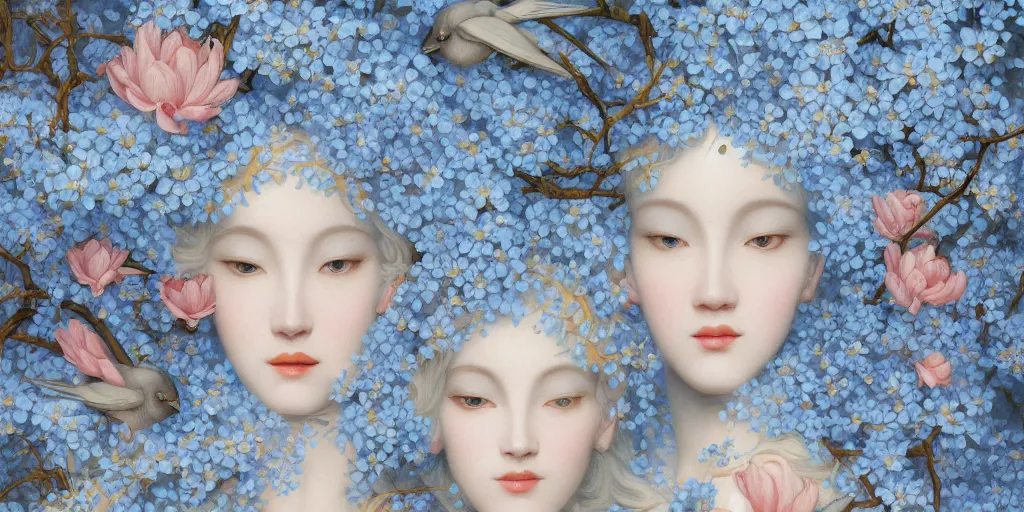 Image similar to breathtaking detailed concept art painting art deco pattern of blonde faces goddesses amalmation light - blue flowers with anxious piercing eyes and blend of flowers and birds, by hsiao - ron cheng and john james audubon, bizarre compositions, exquisite detail, extremely moody lighting, 8 k