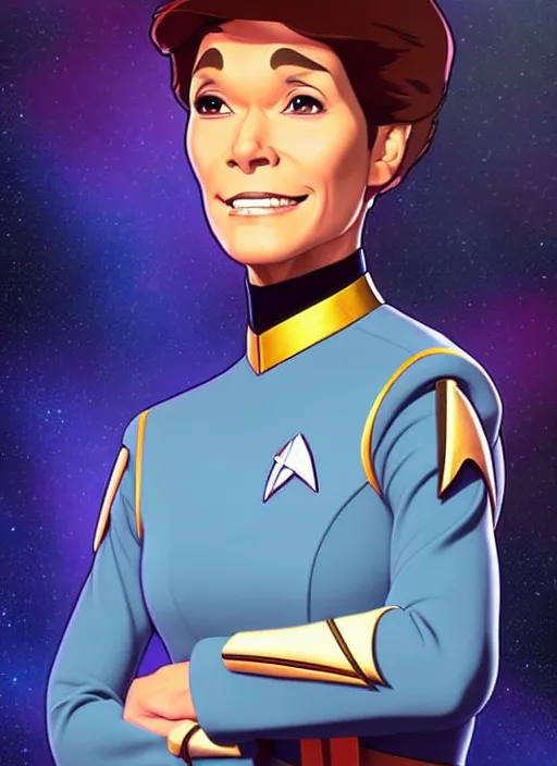 Prompt: cute star trek officer moira stuart, natural lighting, path traced, highly detailed, high quality, digital painting, by don bluth and ross tran and studio ghibli and alphonse mucha, artgerm