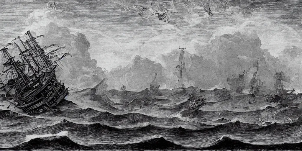 Prompt: A wooden shipwreck with muscular sailors, waves swell black and white Renaissance etching by Benjamin Smith