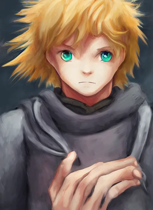 Image similar to An epic fantasy pokemon anime style portrait painting of a young blonde boy thief